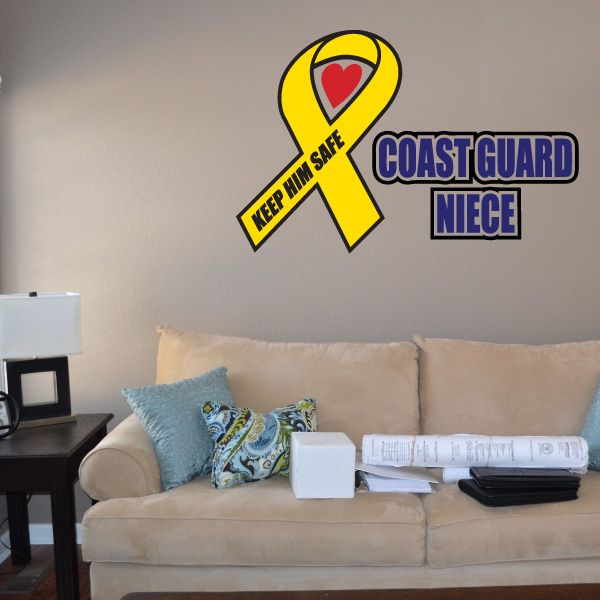 Coast Guard niece ribbon die-cut decal with yellow awareness ribbon and blue text