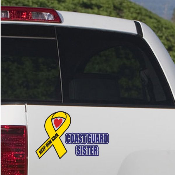 Coast Guard sister ribbon printed die-cut decal with yellow keep safe ribbon and blue text