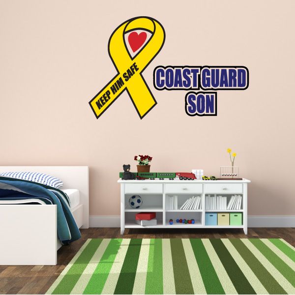 Die-cut decal with yellow awareness ribbon and blue Coast Guard Son text