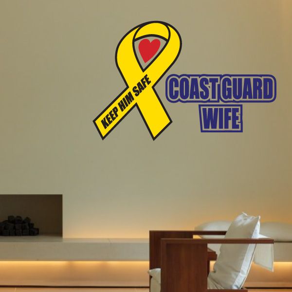 Yellow safety ribbon decal with heart and Coast Guard Wife lettering