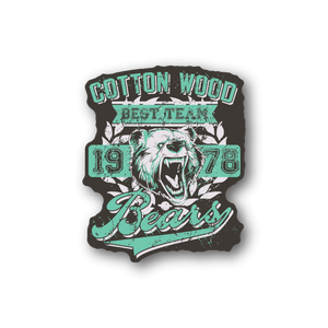 Vinyl sticker with teal and white bear graphic and 'Cotton Wood' text
