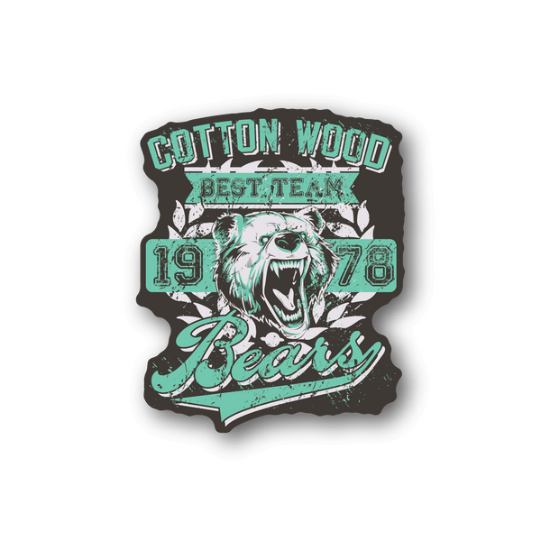 Vinyl sticker with teal and white bear graphic and 'Cotton Wood' text