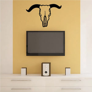 Black cow skull wall decal with long horns and detailed facial outlines
