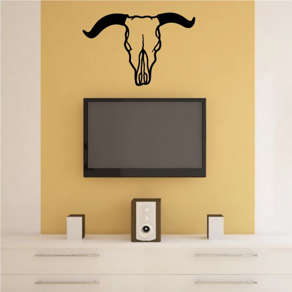 Black cow skull wall decal with long horns and detailed facial outlines