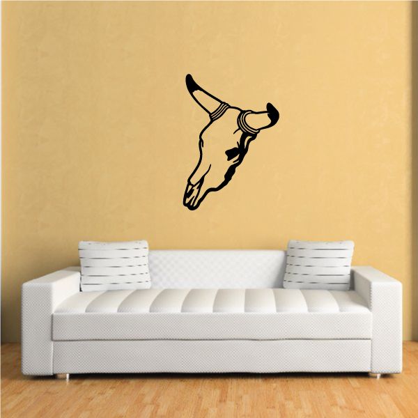 Cow skull wall decal in black vinyl silhouette with curved horns