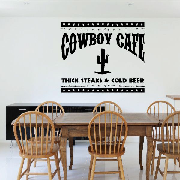 Western cowboy cafe wall decal with bold black text, stars, and cactus graphic