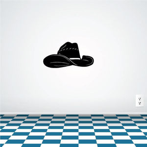 Black cowboy hat wall decal with white stitched details, vinyl silhouette