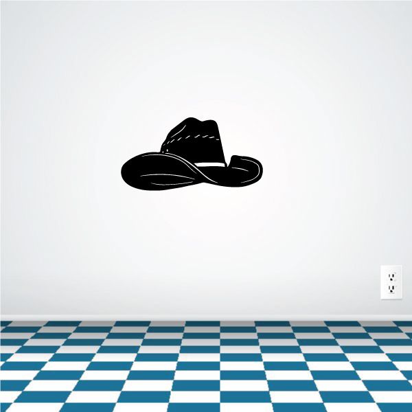 Black cowboy hat wall decal with white stitched details, vinyl silhouette