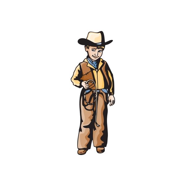 Cowboy kid vinyl sticker of a boy in cowboy hat and brown outfit, standing