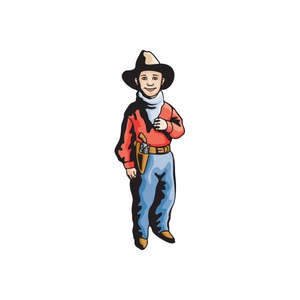 Cowboy kid vinyl sticker of boy in black hat, red shirt, blue jeans holding rope