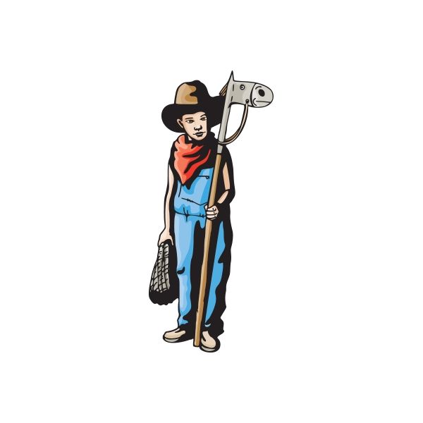 Cowboy kid vinyl decal: bearded cowboy in blue overalls holding a tool