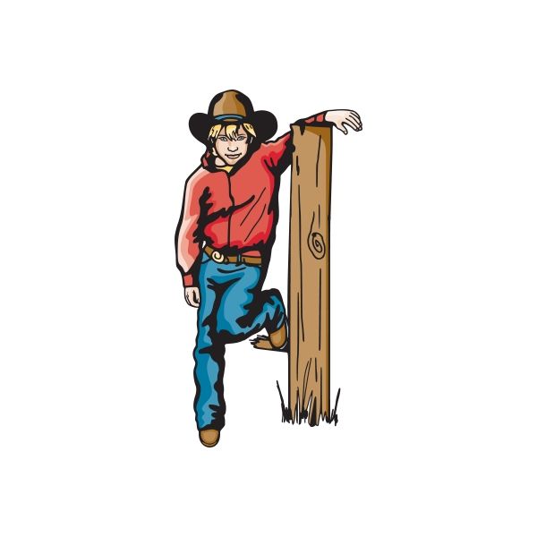 Cowboy kids wall decal sticker: cartoon cowboy in red shirt leaning on wooden post