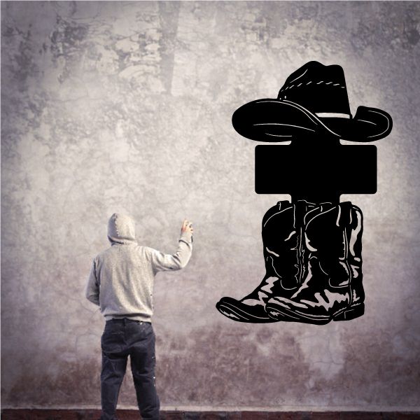 Cowboy memorial vinyl wall decal with cowboy hat and boots silhouette