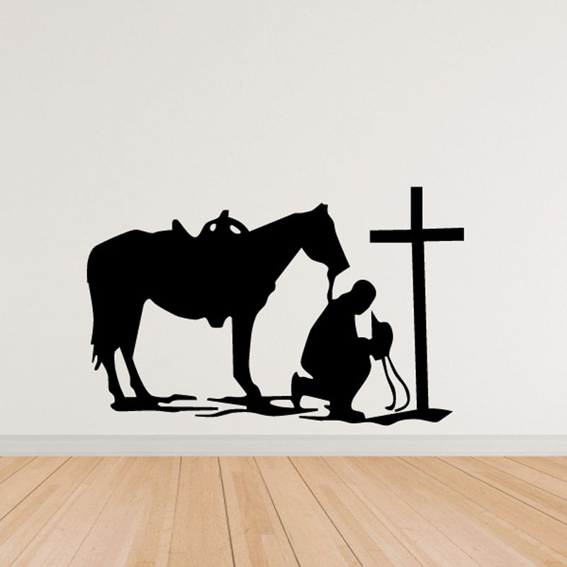 Cowboy praying off-horse decal with kneeling cowboy, horse silhouette, and cross