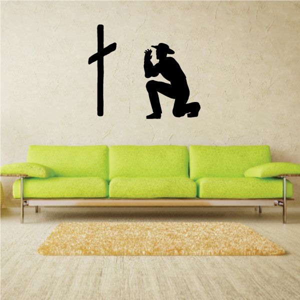 Cowboy kneeling praying to cross wall decal in black silhouette