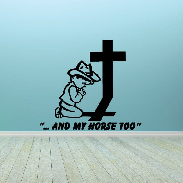 Cowboy praying with cross and horse quote decal, black line art with white text