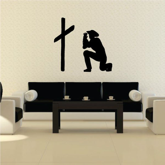 Image of Cowboy praying at cross decal