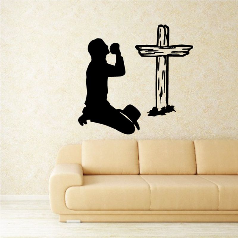 Cowboy praying sky decal, kneeling silhouette with cross and clasped hands