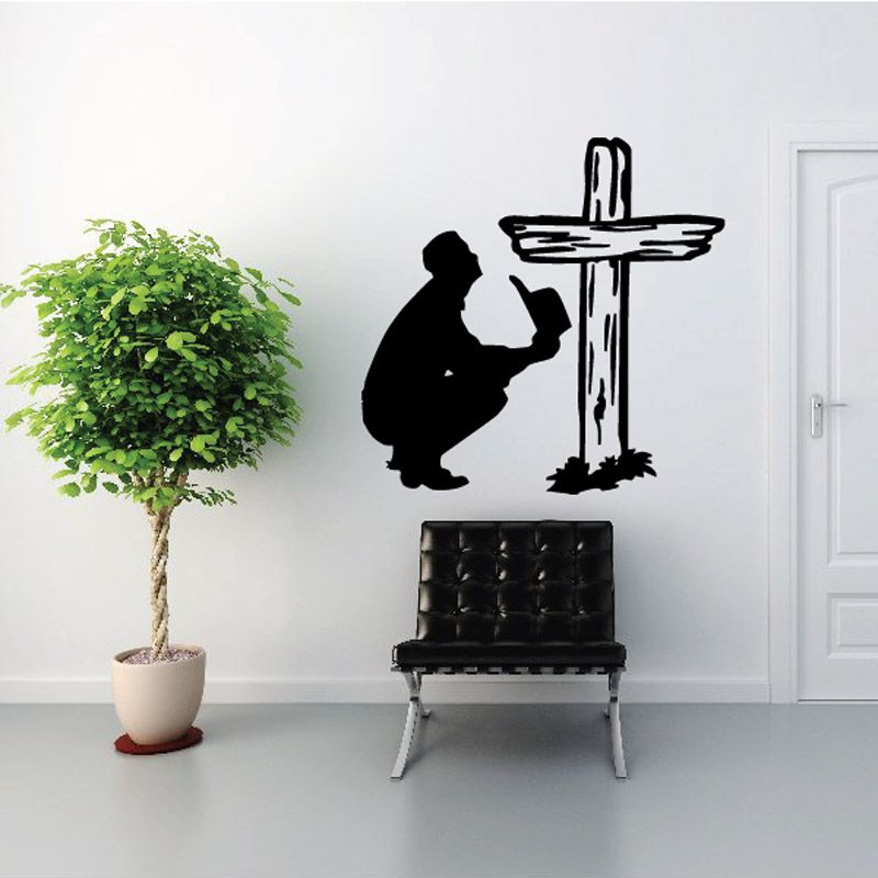 Cowboy praying to wooden cross wall decal, black silhouette