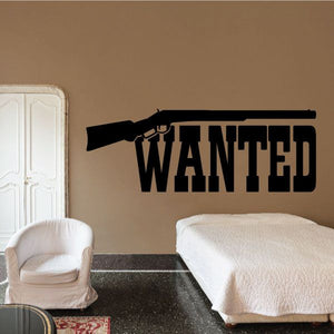 Black vinyl wall decal with cowboy rifle and WANTED lettering