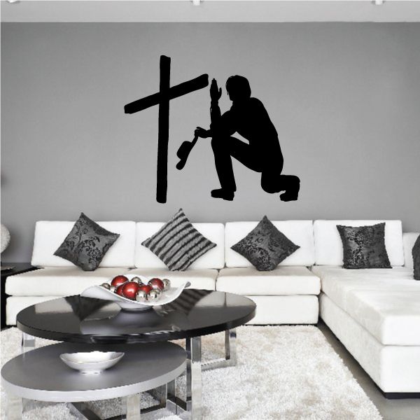 Praying cowboy wall decal with raised hand and cross, black silhouette