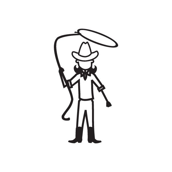 Cowgirl decal: black outline of cowboy girl with wide hat, scarf, and lasso rope