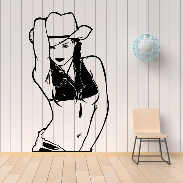 Cowgirl in bikini top wall decal with cowboy hat, black outline figure