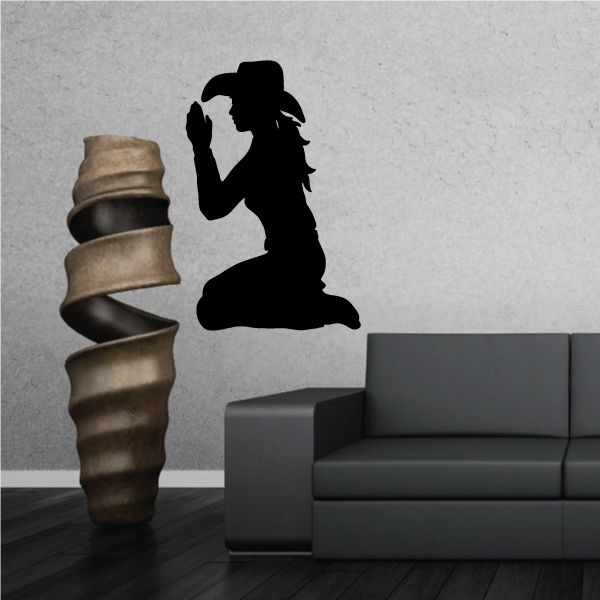 Cowgirl prayer vinyl wall decal with black praying cowgirl silhouette