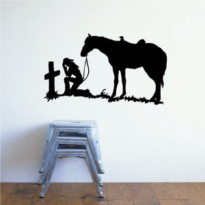 Cowgirl prayer wall decal vinyl with silhouetted cowgirl, cross, and horse figures