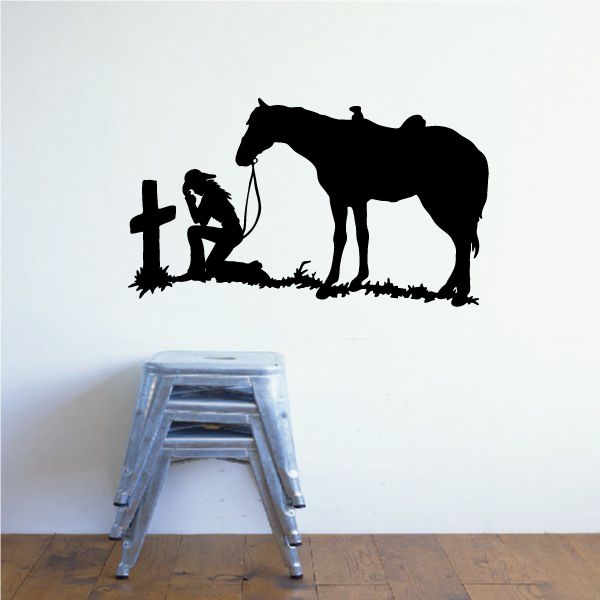 Cowgirl prayer wall decal vinyl with silhouetted cowgirl, cross, and horse figures