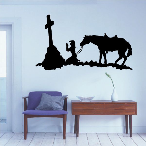 Cowgirl prayer wall decal silhouette with praying figure, horse, and tall cross, black