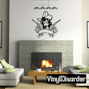 Cowgirl tattoo decal of a hat-wearing girl holding guns, black line art