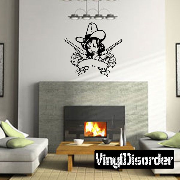 Cowgirl tattoo decal of a hat-wearing girl holding guns, black line art