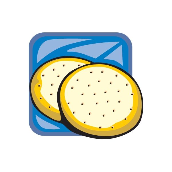 Cracker sticker with two overlapping round crackers, yellow, black outline, small dots