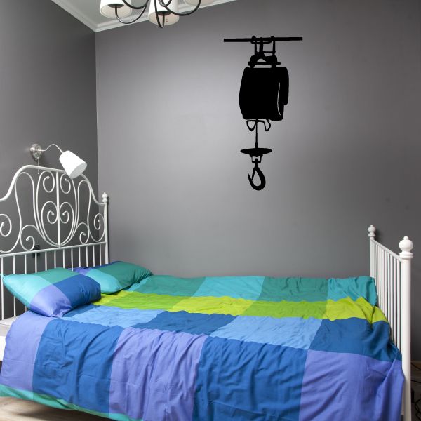 Crane pulley hoist decal: black hook and pulley crane on wall