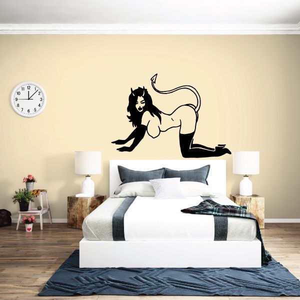 Devil girl wall decal, black silhouette crawling with arched back and tail