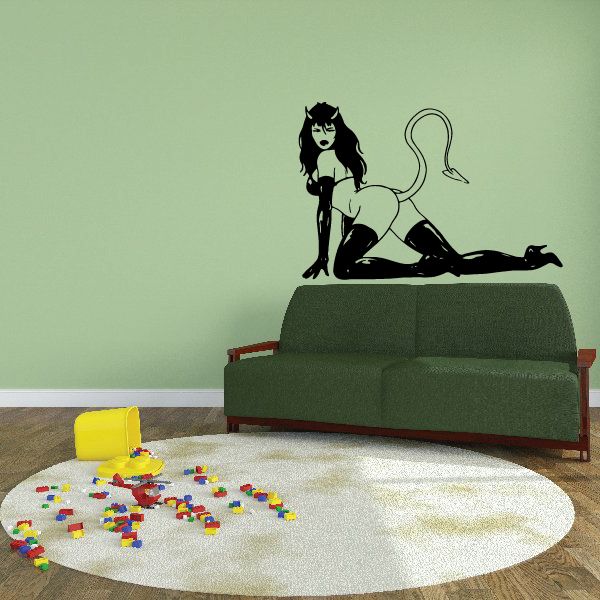 Crawling devil girl bikini decal, black and neon green, posed on all fours