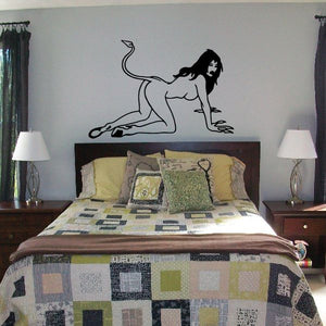 Crawling devil girl wall decal, black silhouette in crouching pose