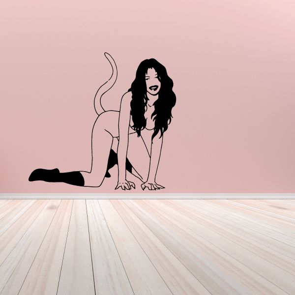 Crawling devil girl tail decal, black kneeling figure with long hair and tail