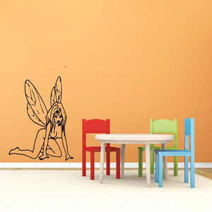 Crawling fairy wall decal, black line art of a kneeling fairy