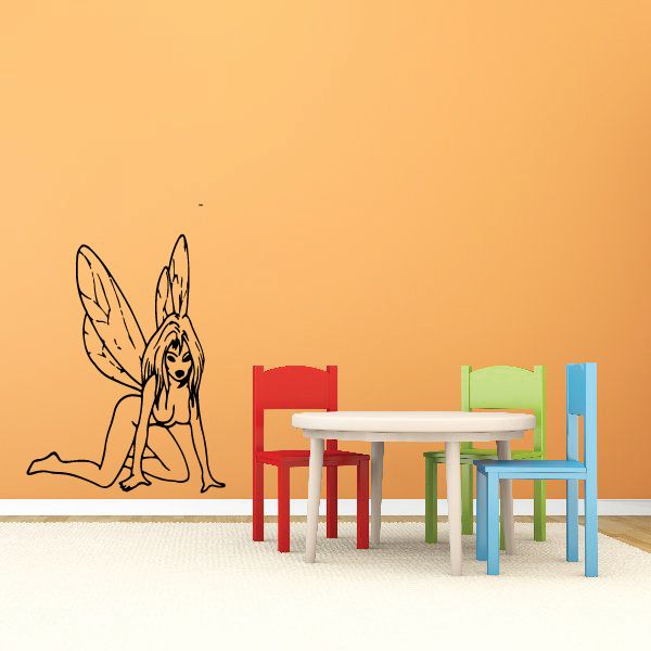 Crawling fairy wall decal, black line art of a kneeling fairy