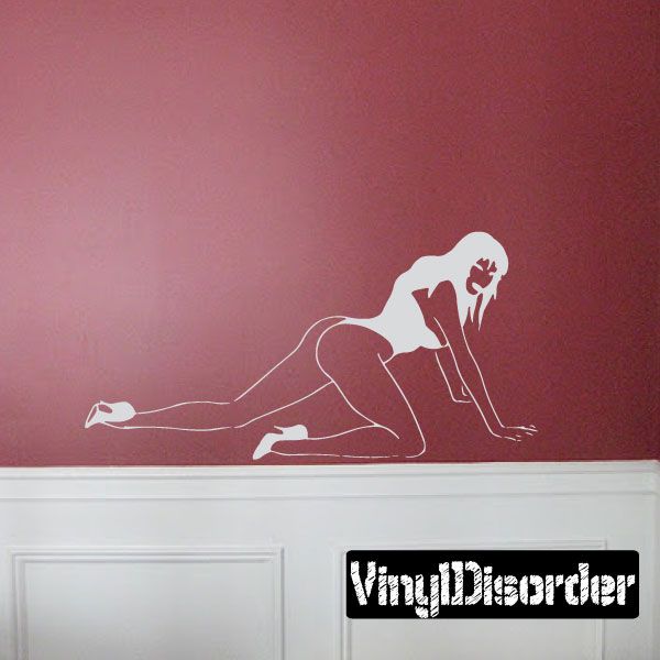 Crawling woman decal in a leotard and heels, side silhouette in white