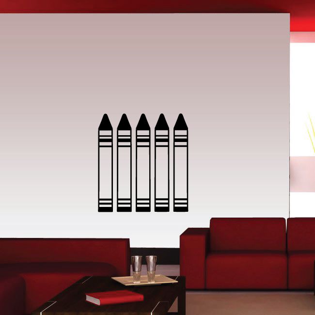 Crayon wall decal with five outlined crayons in black and white