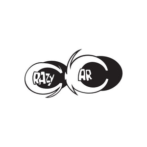Crazy car graffiti decal with RAZY and ARC in black-and-white bubble shapes
