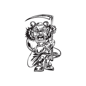 Black-and-white cartoon clown decal holding a scythe, snarling face