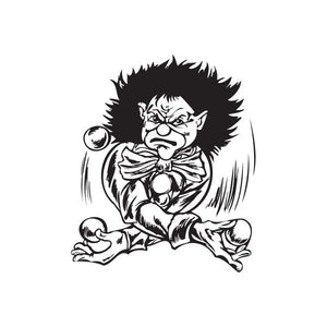 Clown juggling decal with black spiky hair, bow tie, and striped ruffled outfit