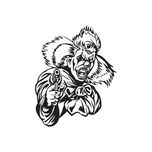 Black-and-white clown decal with wild hair holding a handgun