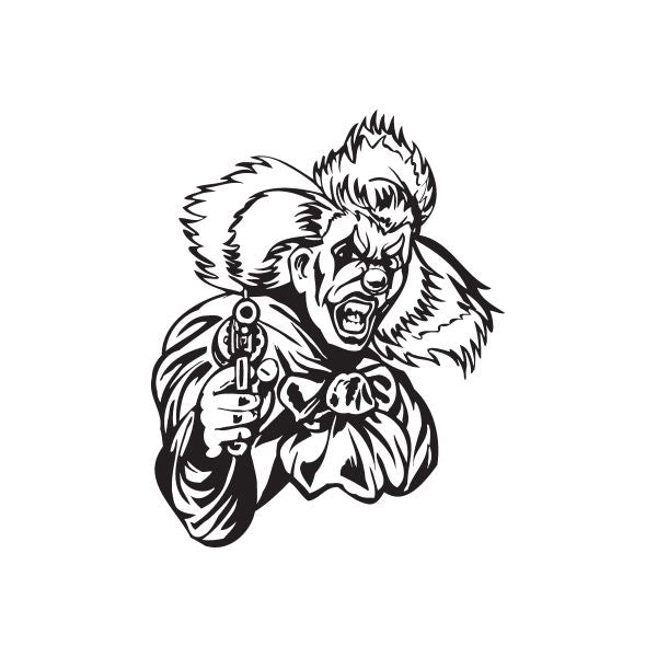 Black-and-white clown decal with wild hair holding a handgun