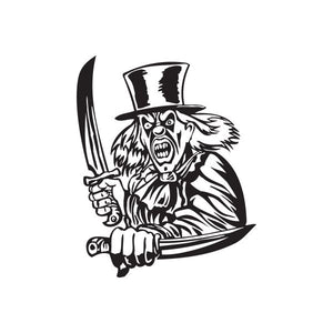 Clown top hat and knives decal, black and white illustrated design