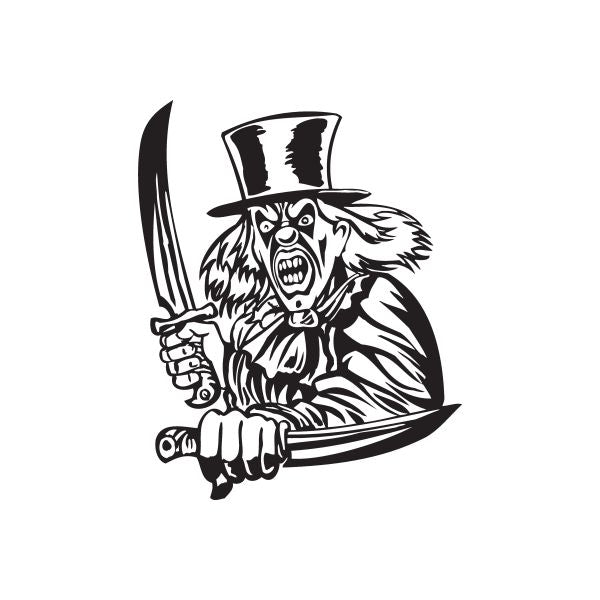 Clown top hat and knives decal, black and white illustrated design